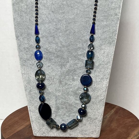 Stunning Art Glass Faceted Crystal Blue Gold Beaded Necklace 28” - Picture 1 of 7